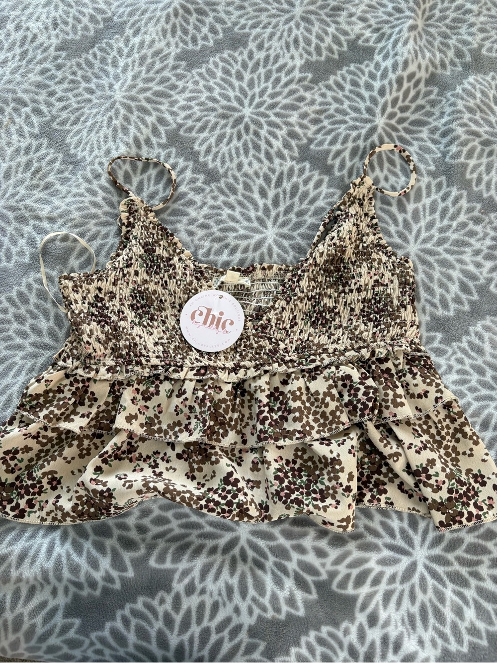 Chic by Ally B Floral Smocked Ruffle Camisole - Cream & Brown